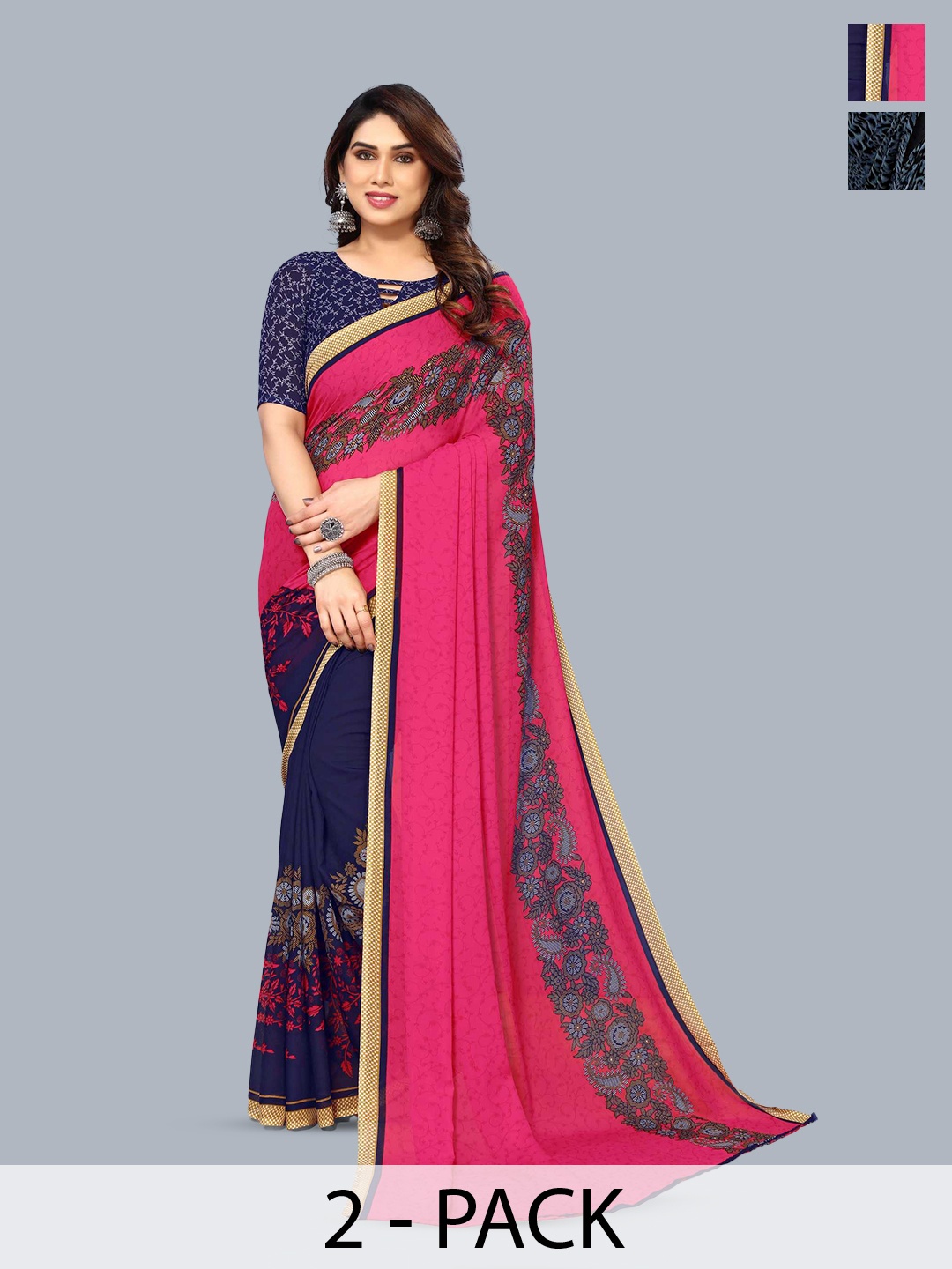 

ANAND SAREES Selection Of 2 Floral Printed Sarees, Blue