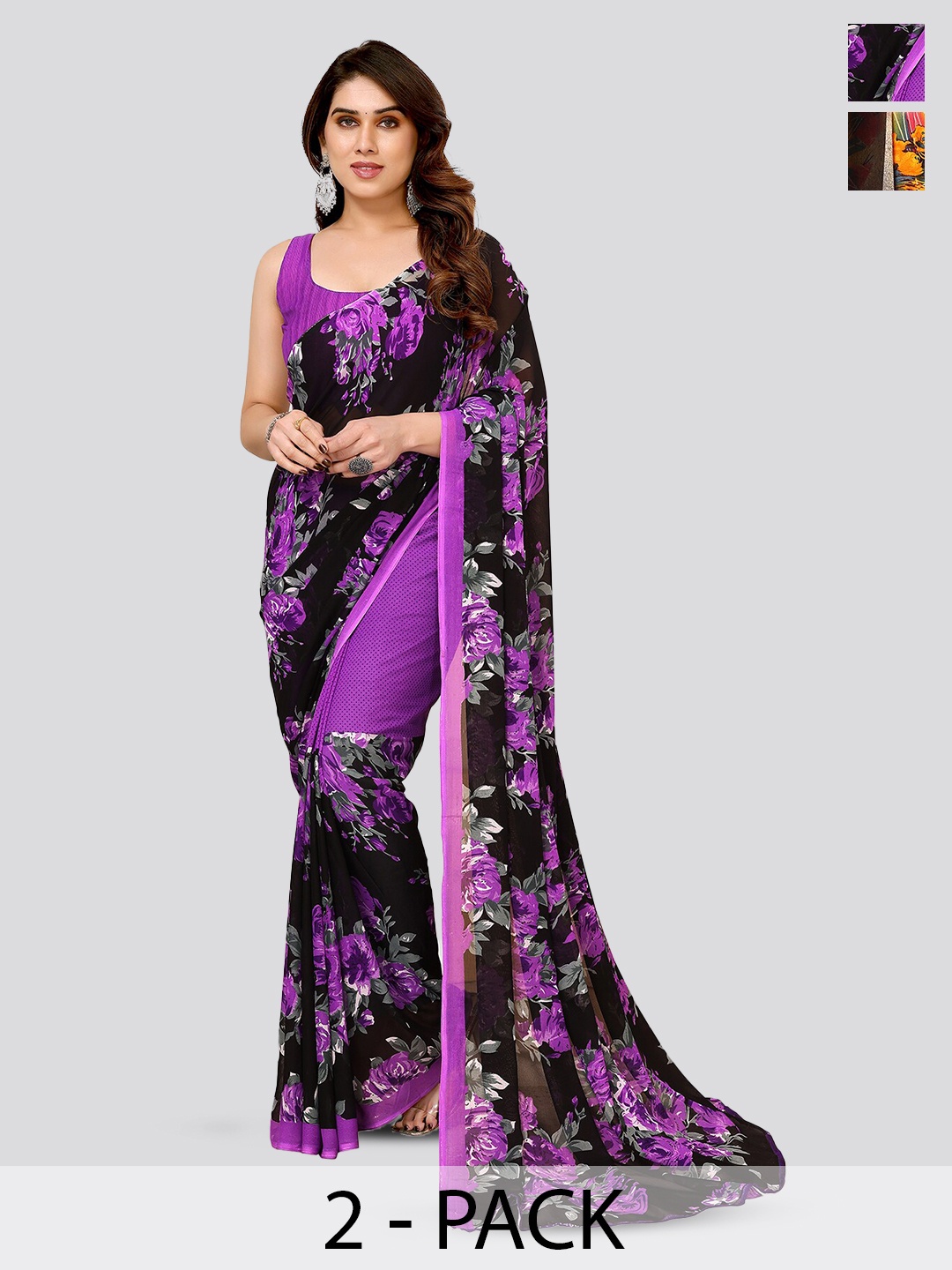 

ANAND SAREES Selection of 2 Floral Printed Saree, Black