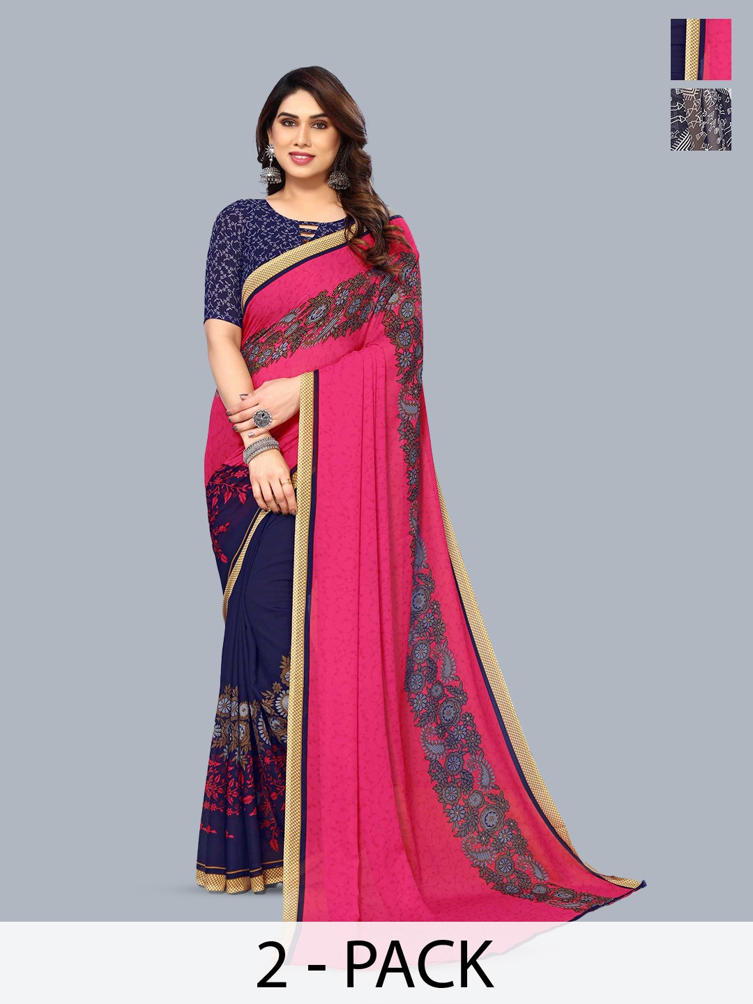 

ANAND SAREES Selection Of 2 Ethnic Motifs Printed Saree, Navy blue