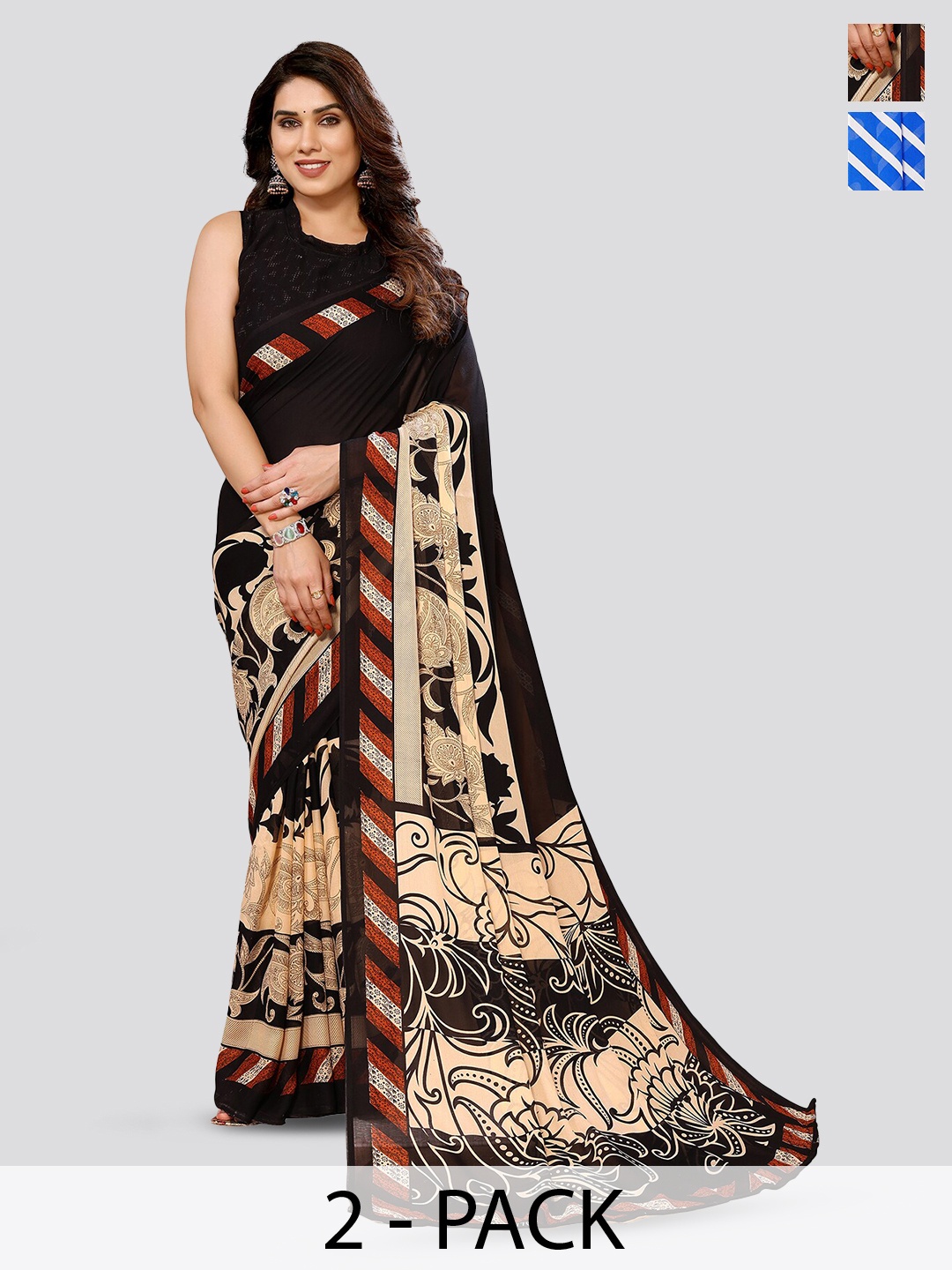 

ANAND SAREES Selection of 2 Floral Printed Sarees, Blue