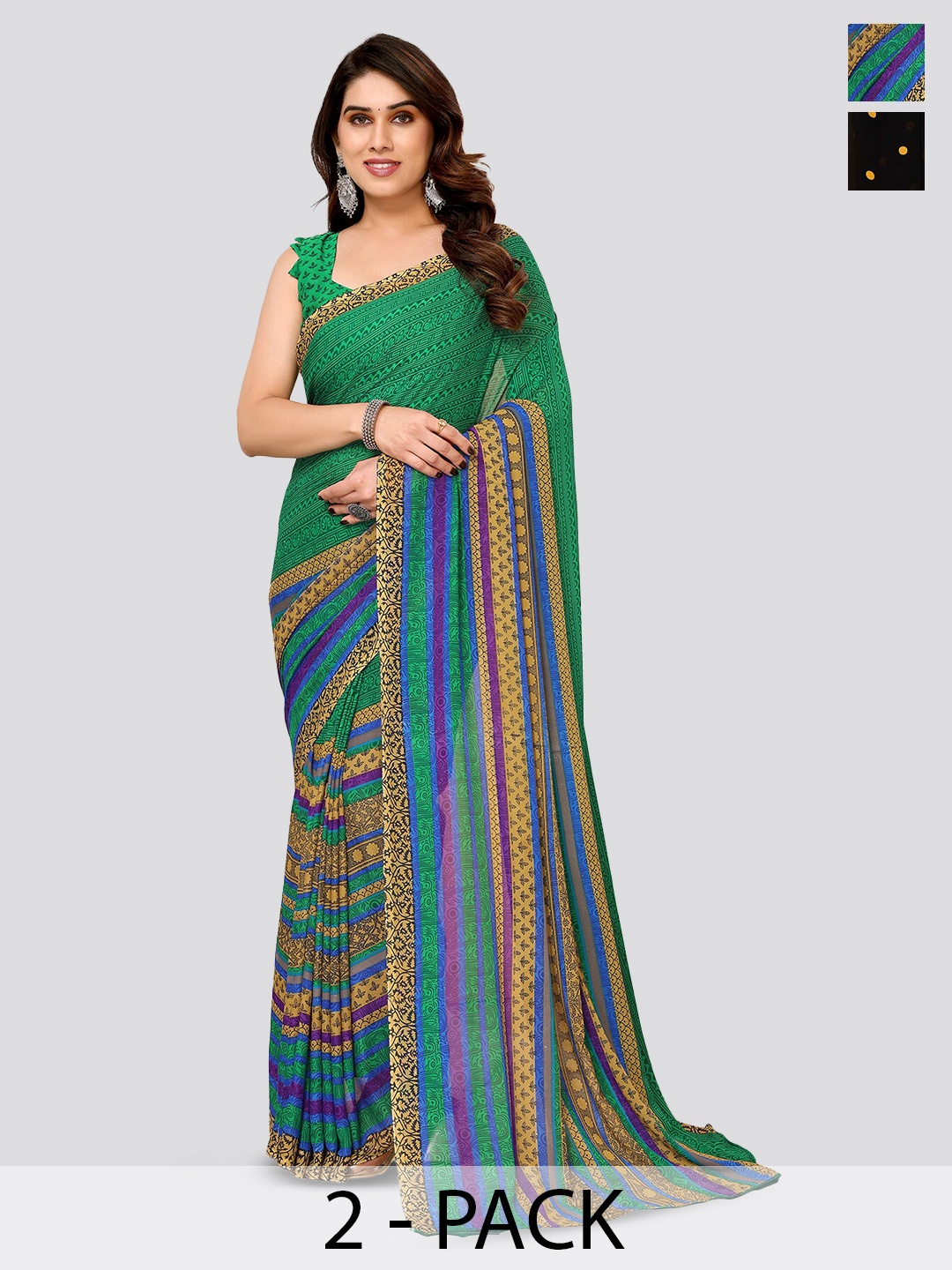

ANAND SAREES Selection of 2 Striped Saree, Green