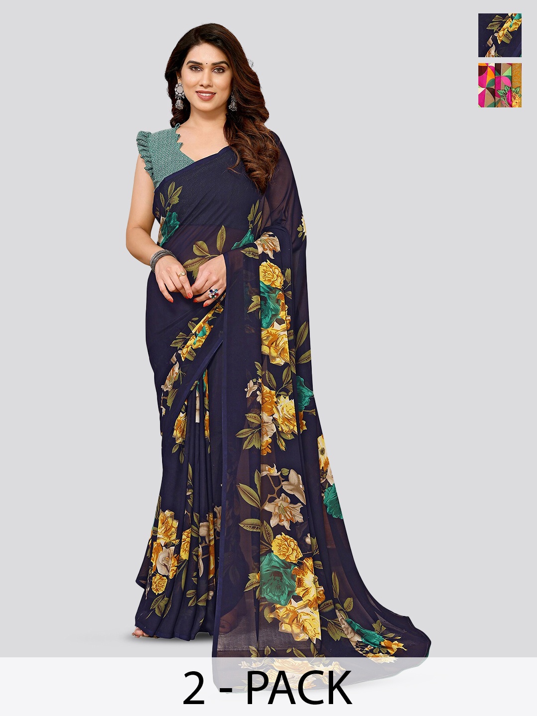 

ANAND SAREES Selection Of 2 Floral Printed Sarees, Navy blue