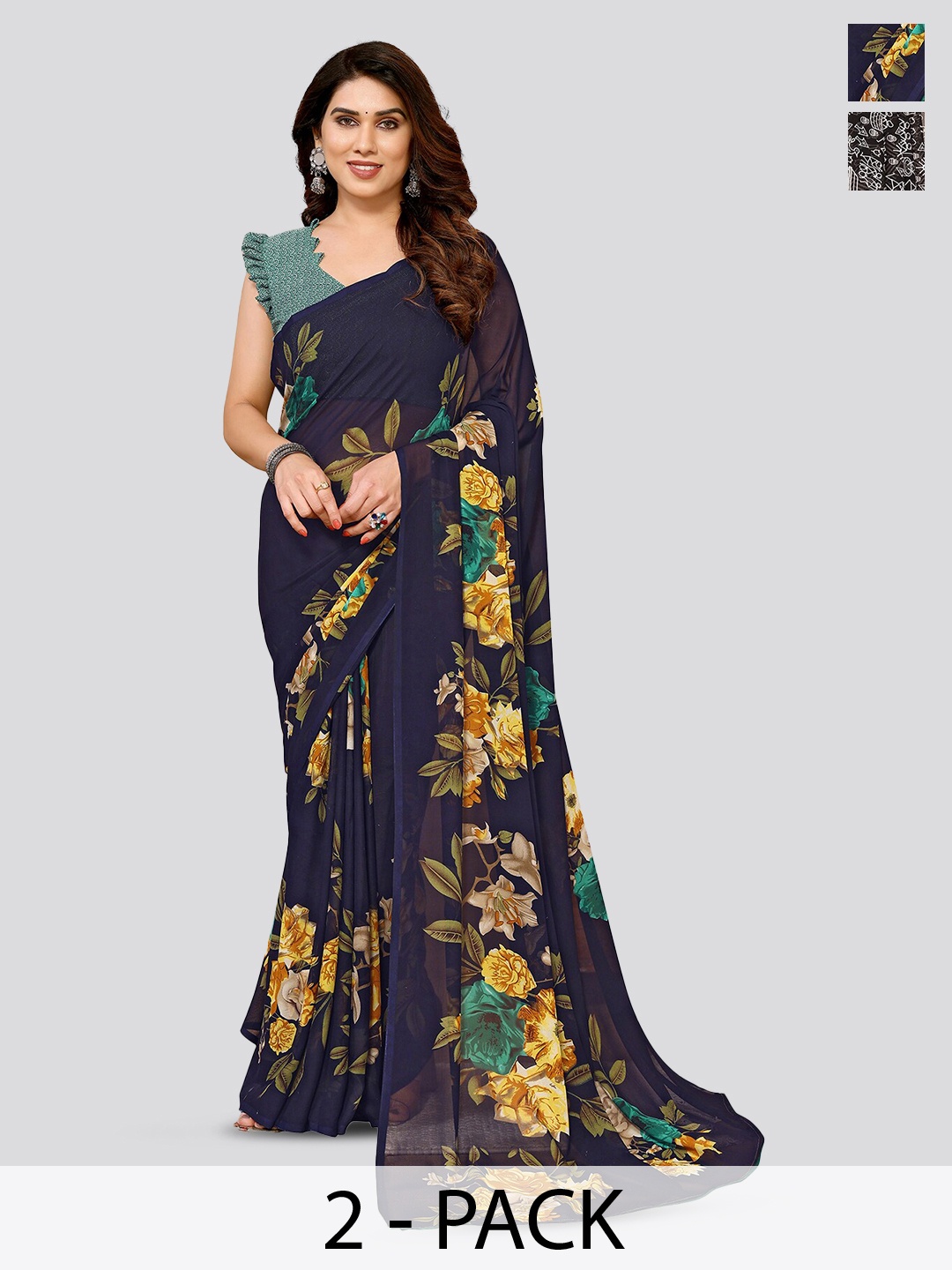 

ANAND SAREES Selection Of 2 Floral Printed Sarees, Blue