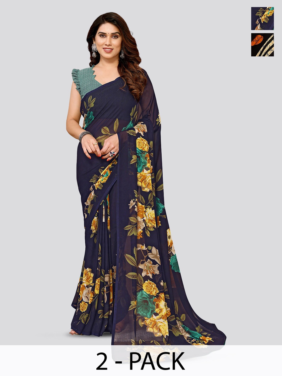 

ANAND SAREES Selection Of 2 Floral Printed Sarees, Navy blue