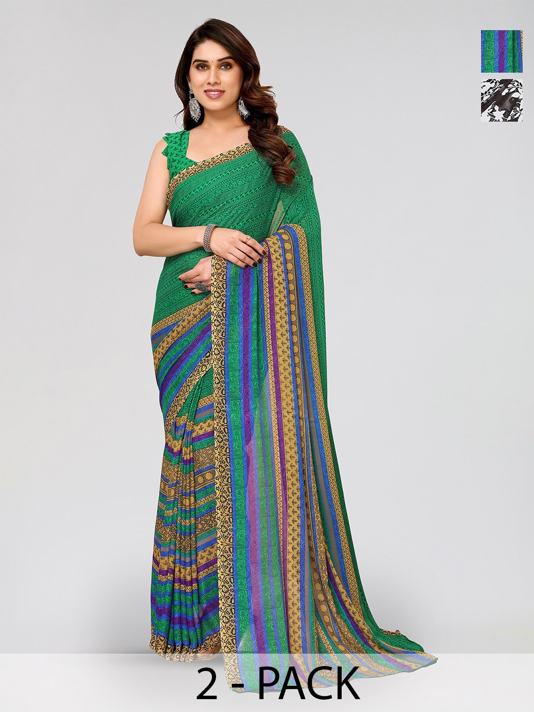 

ANAND SAREES Selection Of 2 Floral Printed Saree, Green