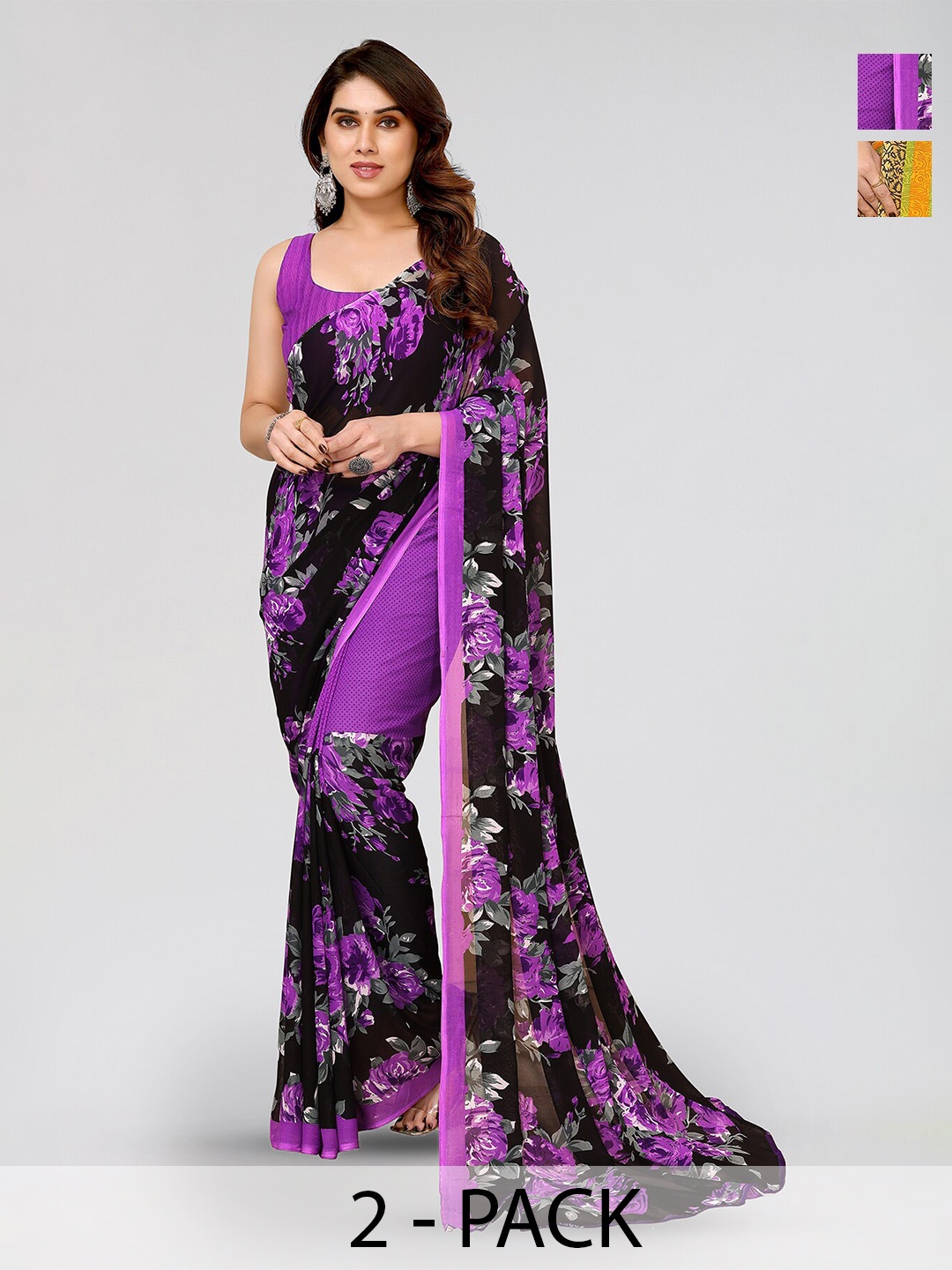 

ANAND SAREES Selection Of 2 Floral Printed Sarees, Purple