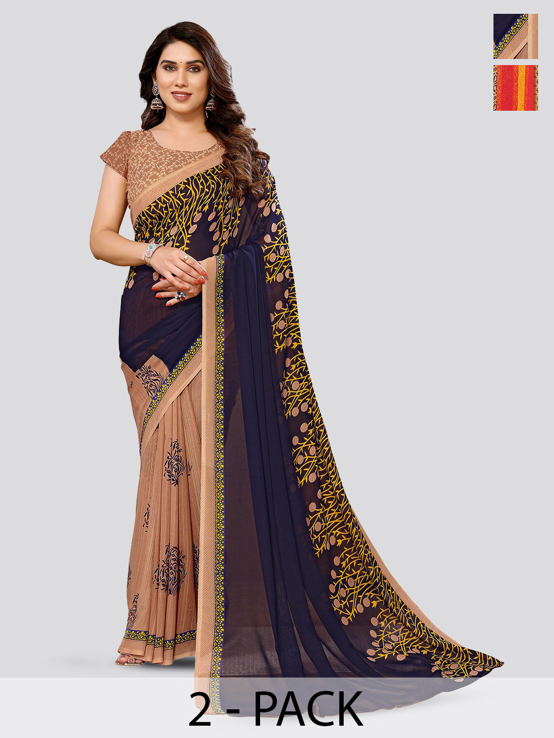 

ANAND SAREES Selection Of 2 Floral Printed Georgette Saree, Red