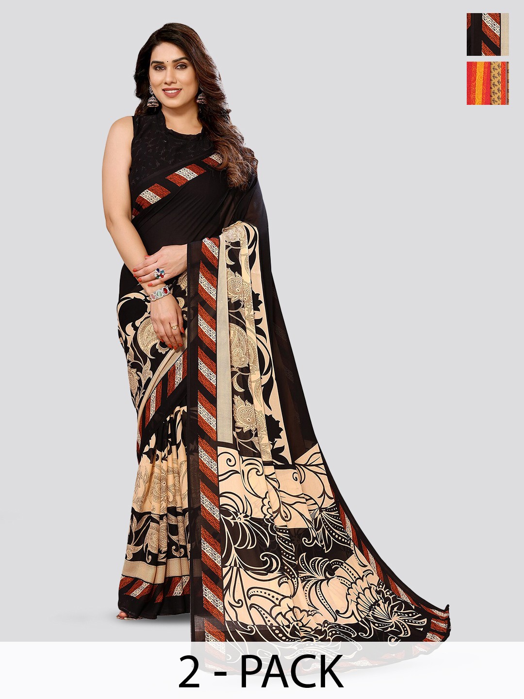

ANAND SAREES Selection Of 2 Striped Sarees, Red