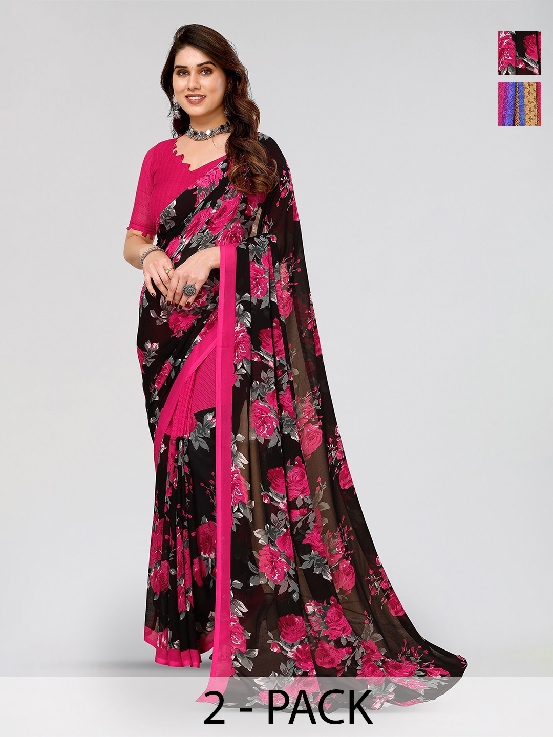 

ANAND SAREES Selection Of 2 Floral Printed Sarees, Pink