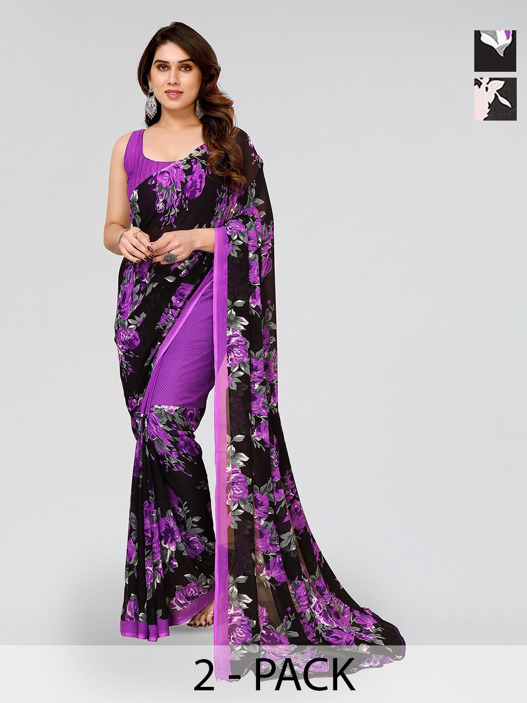 

ANAND SAREES Selection Of 2 Floral Printed Sarees, Black