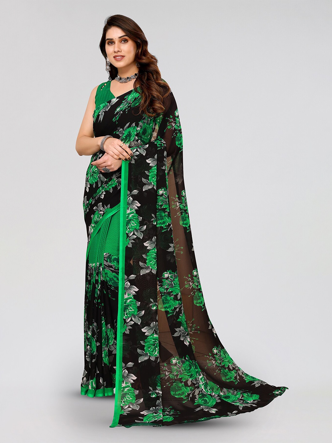 

ANAND SAREES Selection Of 2 Floral Printed Sarees, Black