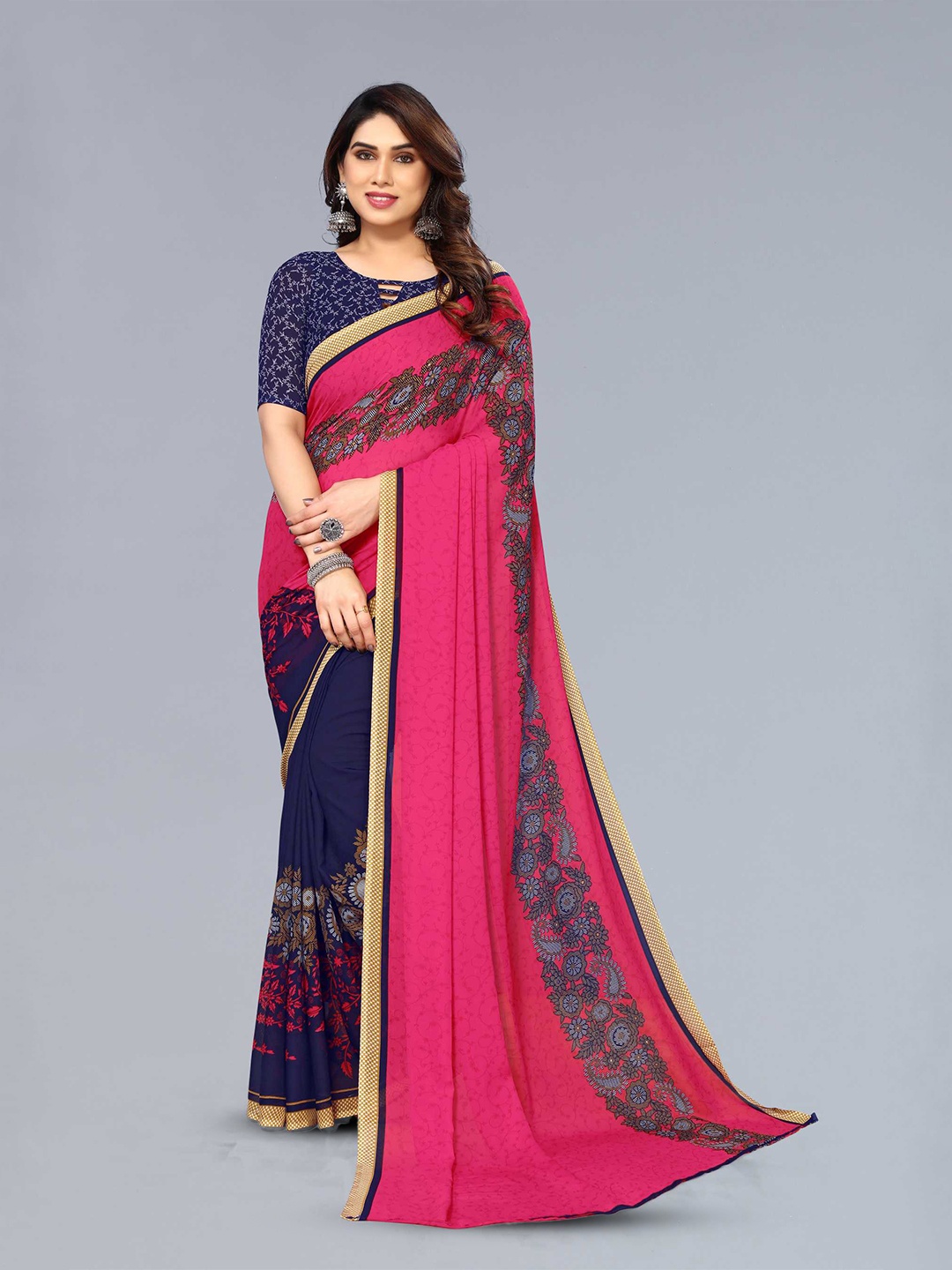 

ANAND SAREES Selection of 2 Floral Printed Half & Half Sarees, Blue
