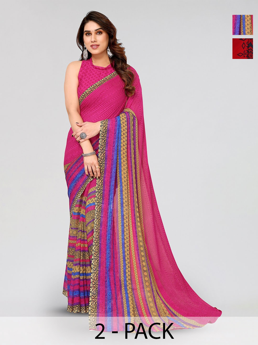 

ANAND SAREES Selection of 2 Floral Printed Sarees, Pink