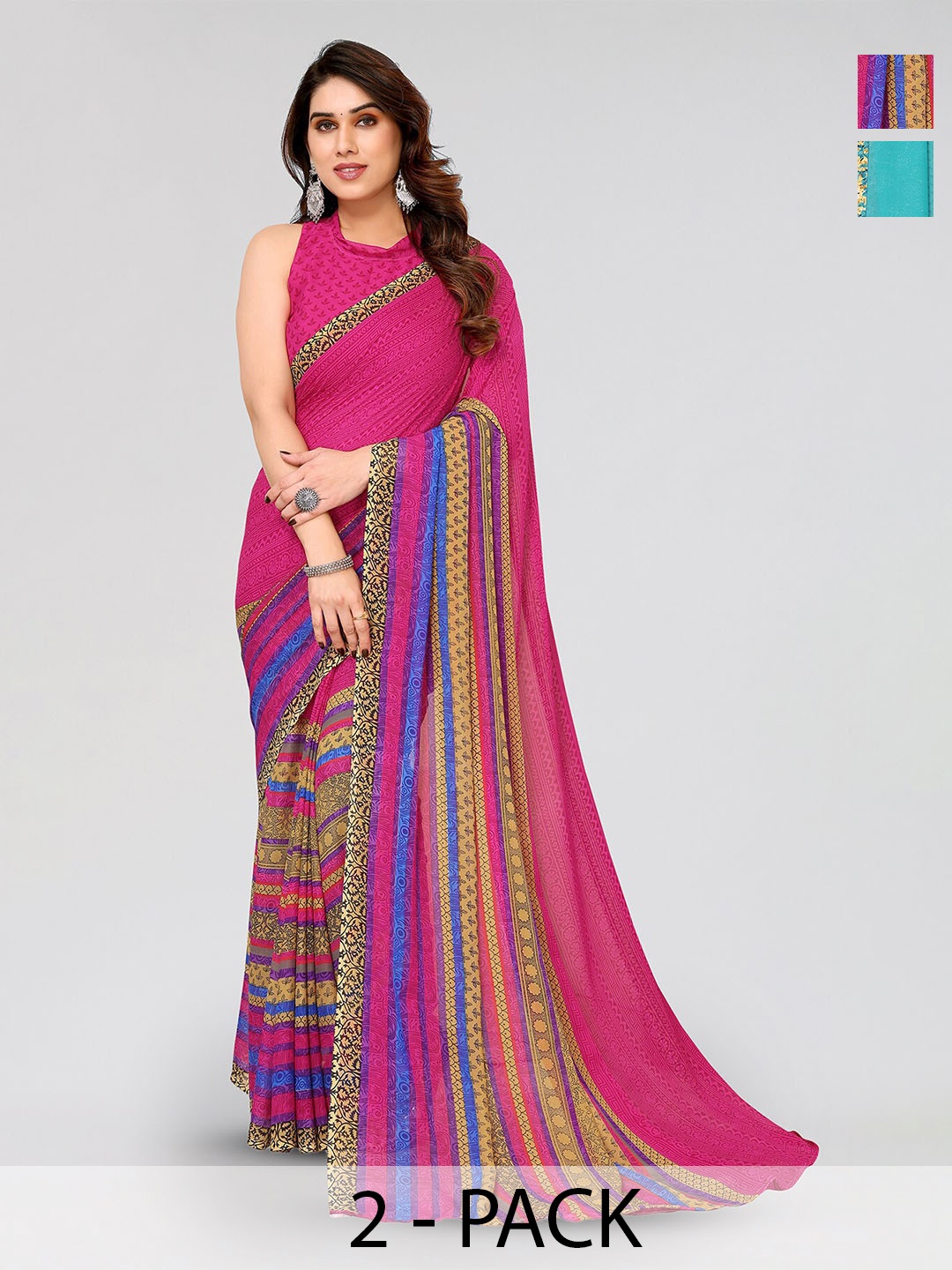 

ANAND SAREES Selection Of 2 Ethnic Motifs Georgette Saree, Fuchsia