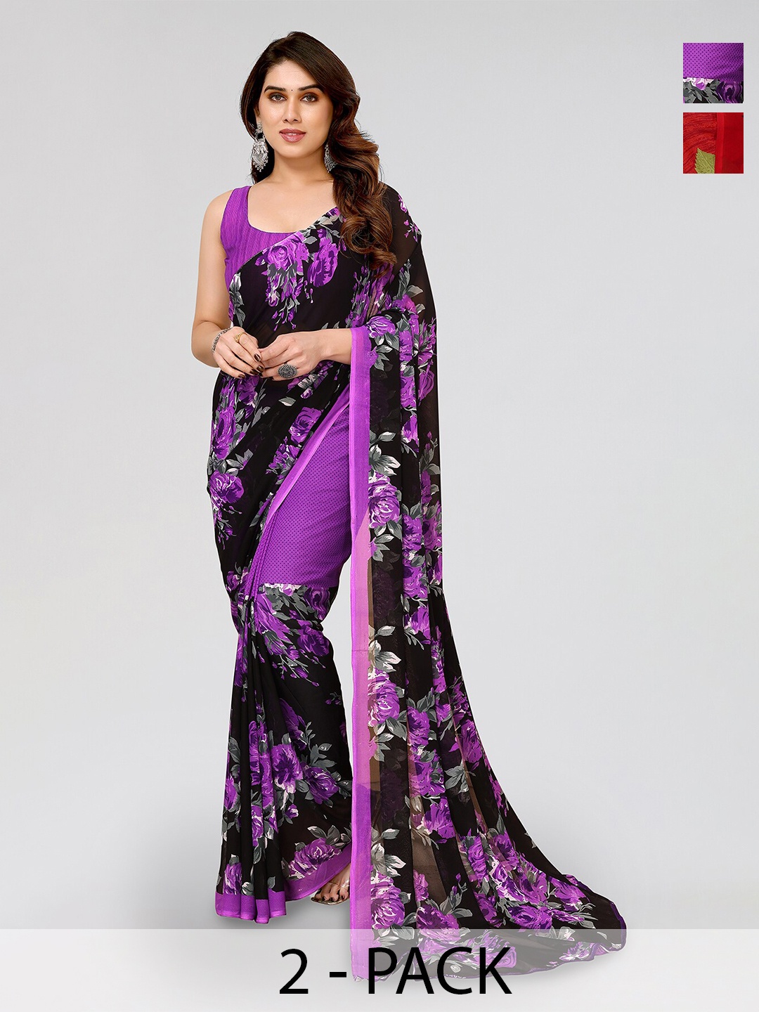 

ANAND SAREES Selection of 2 Floral Printed Sarees, Purple