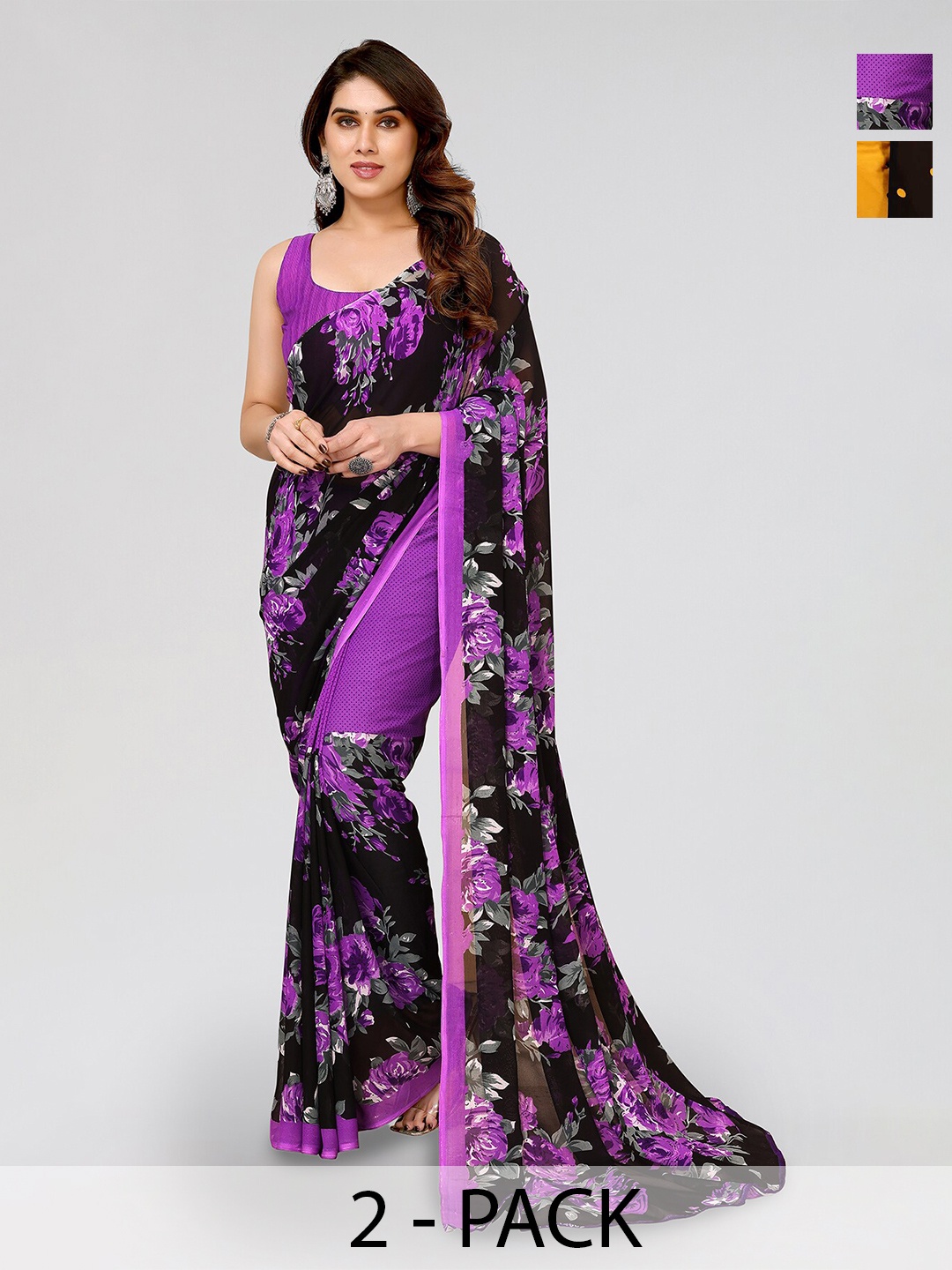 

ANAND SAREES Selection Of 2 Floral Printed Sarees, Purple