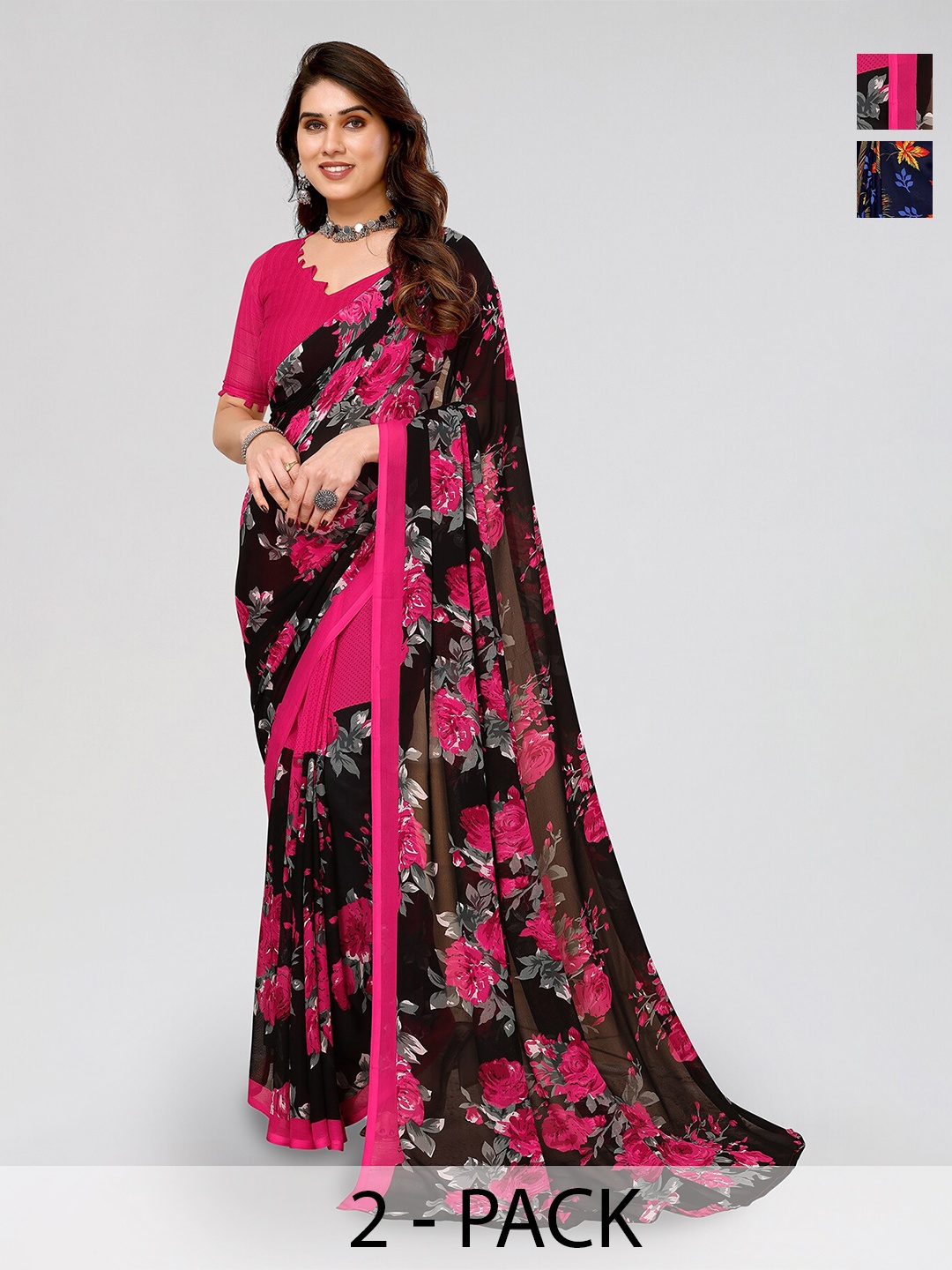 

ANAND SAREES Selection Of 2 Floral Printed Sarees, Blue