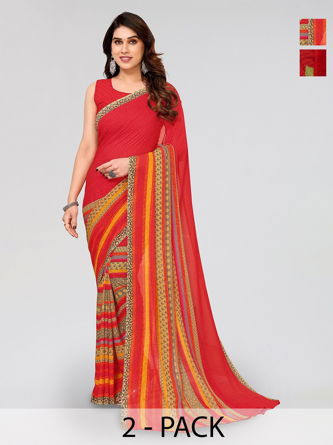 

ANAND SAREES Selection Of 2 Floral Printed Sarees, Red