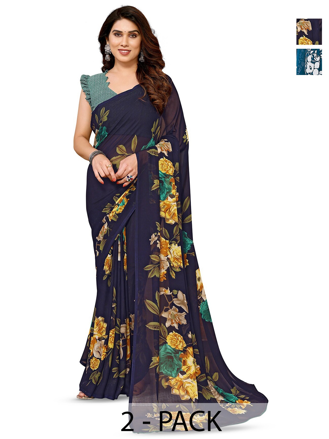 

ANAND SAREES Selection Of 2 Ethnic Motifs Printed Georgette Saree, Teal
