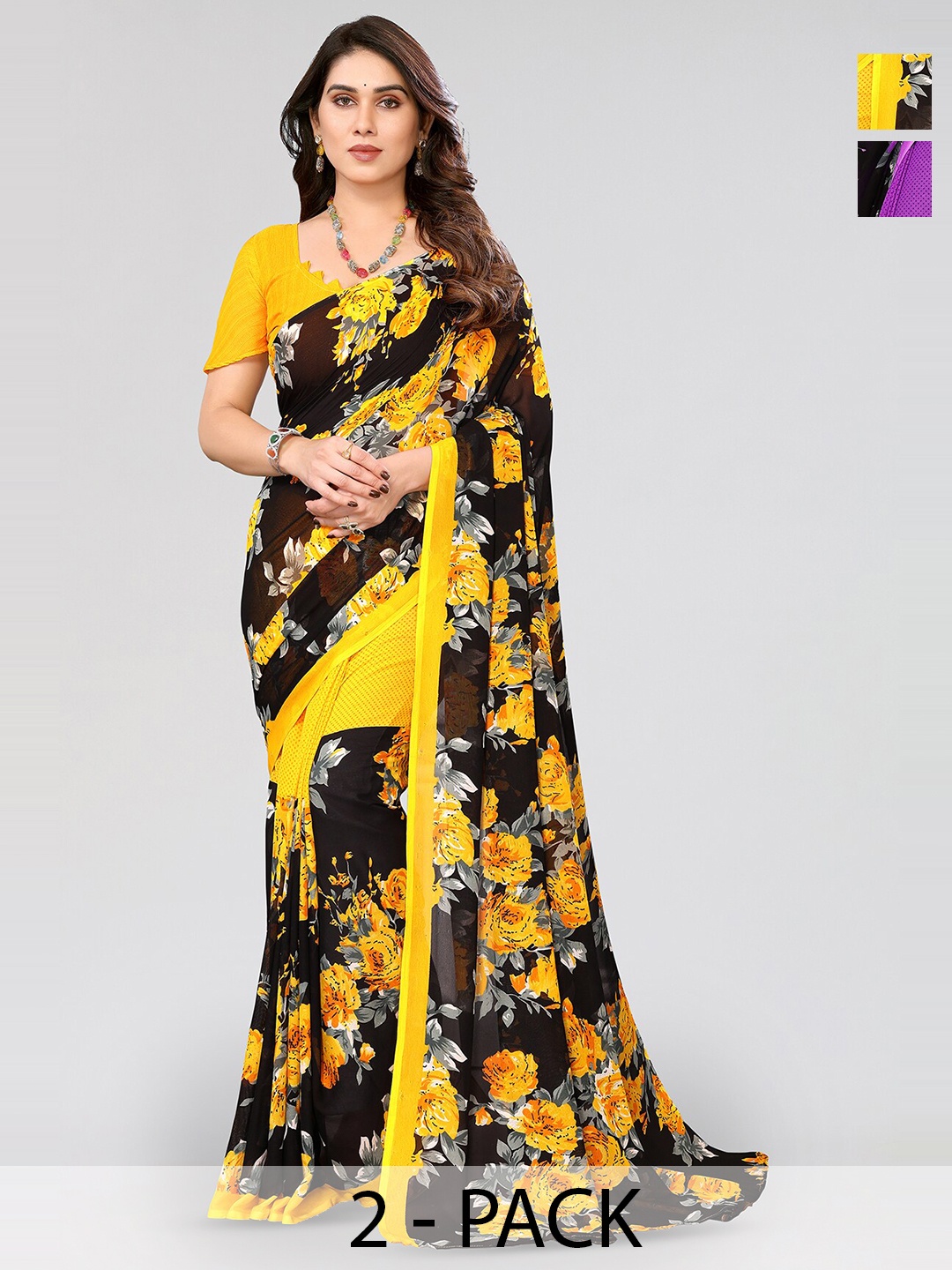 

ANAND SAREES Selection Of 2 Floral Printed Sarees, Yellow