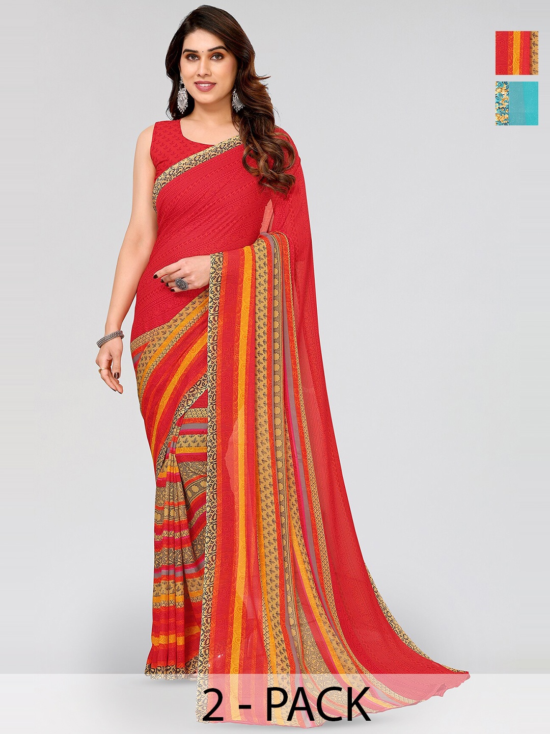 

ANAND SAREES Selection Of 2 Ethnic Motifs Printed Sarees, Orange