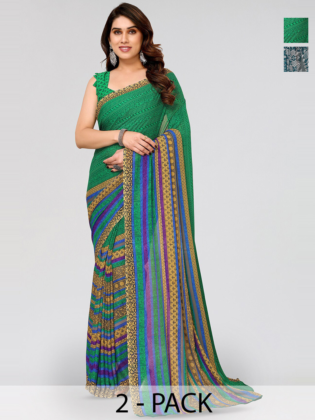 

ANAND SAREES Selection Of 2 Abstract Printed Saree, Green