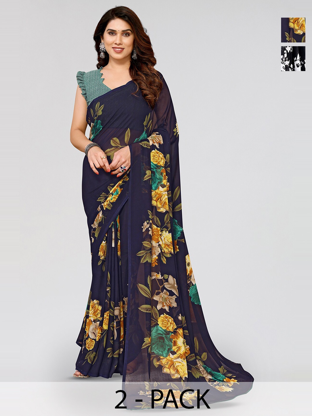 

ANAND SAREES Selection Of 2 Floral Printed Saree, Navy blue