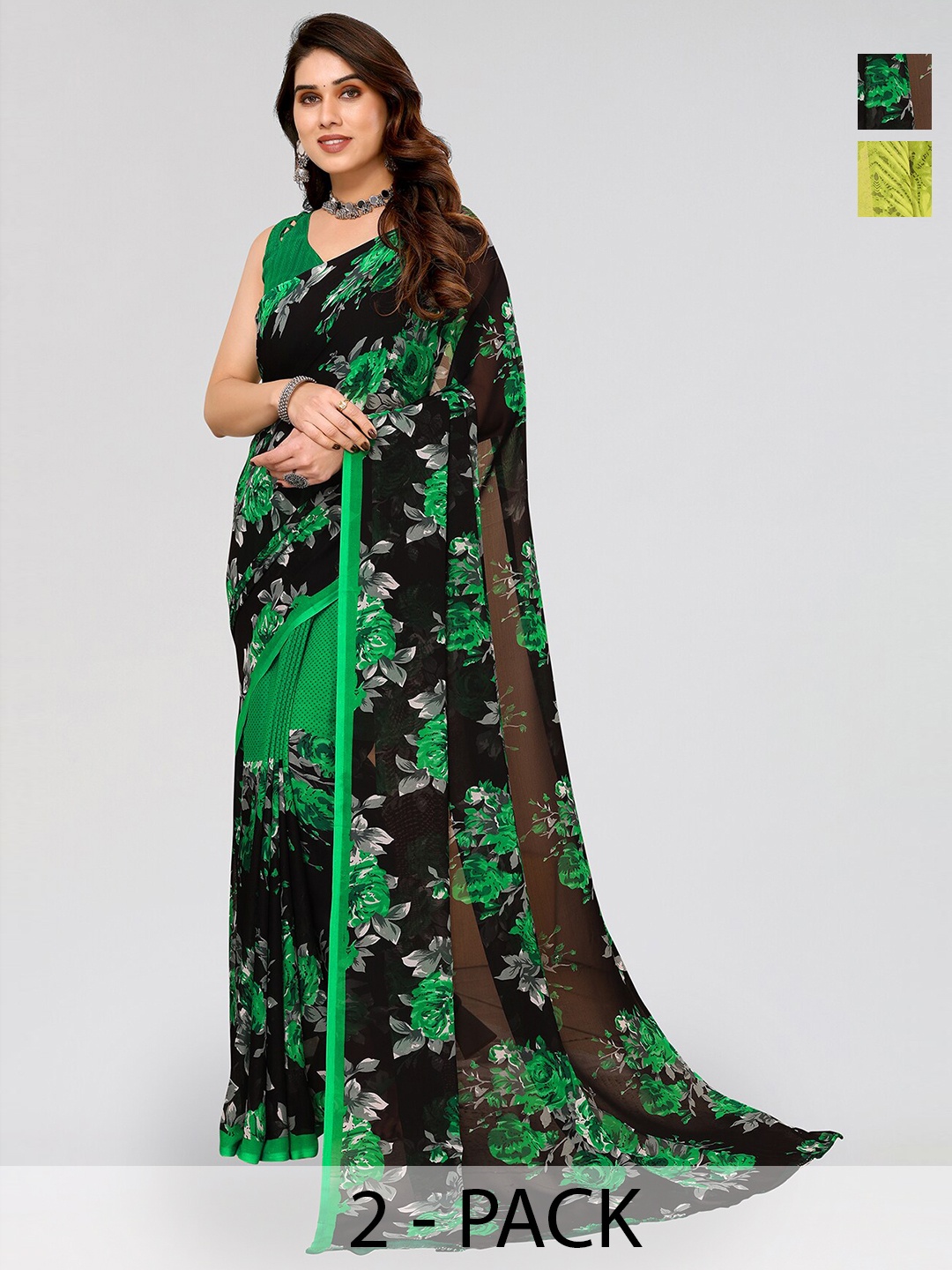 

ANAND SAREES Selection of 2 Floral Printed Sarees, Black