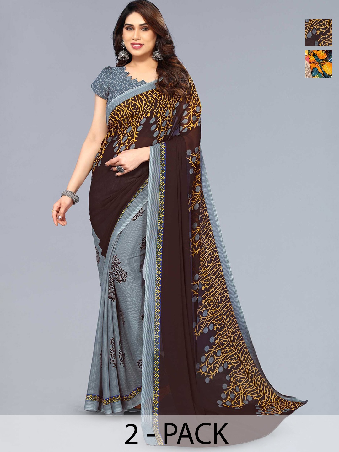 

ANAND SAREES Selection Of 2 Floral Printed Sarees, Black