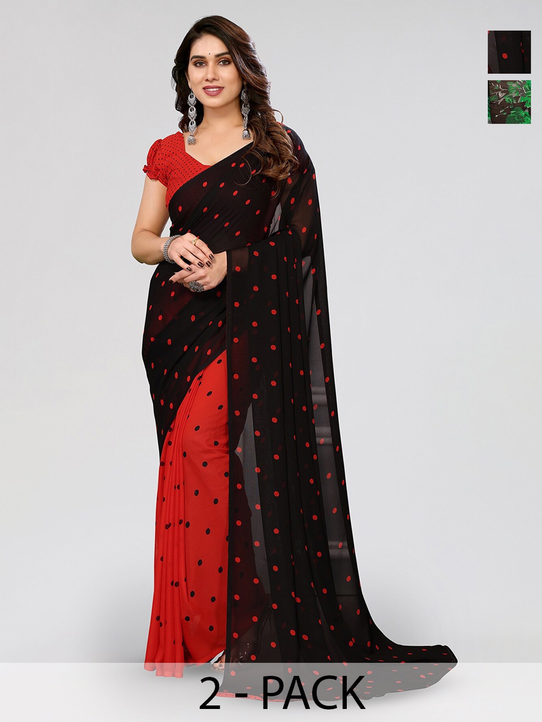 

ANAND SAREES Selection Of 2 Floral Printed Saree, Black