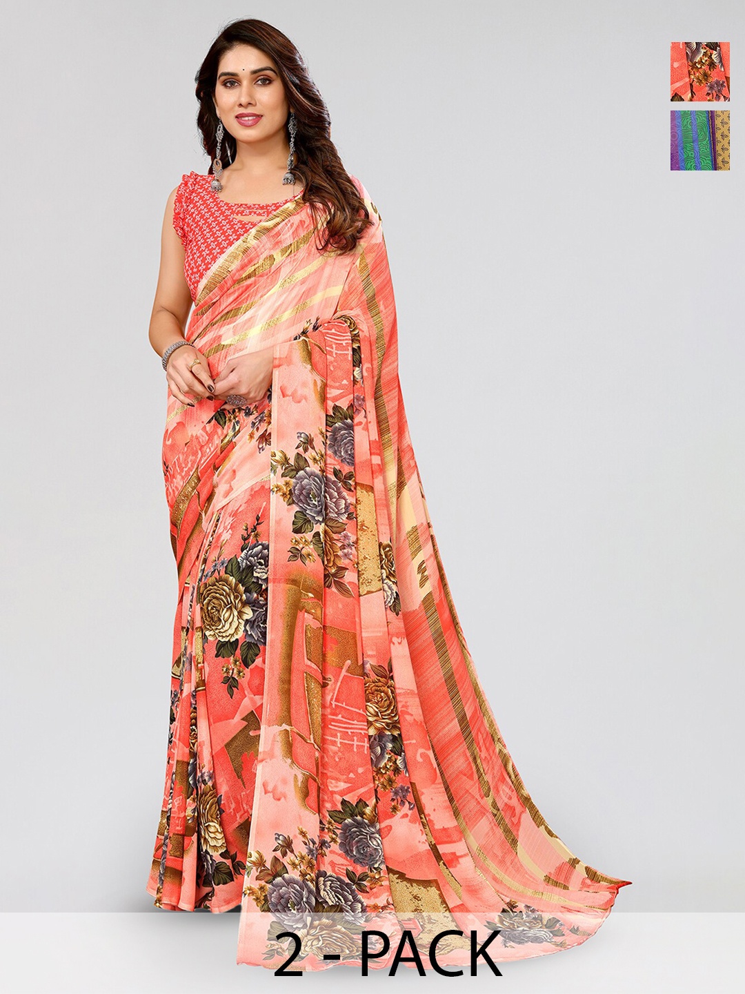 

ANAND SAREES Selection Of 2 Floral Printed Sarees, Pink