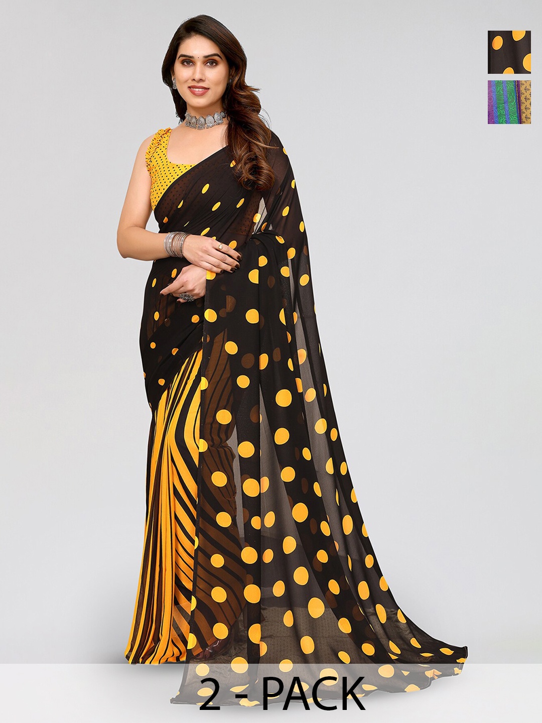 

ANAND SAREES Selection Of 2 Polka Dot Printed Georgette Saree, Yellow