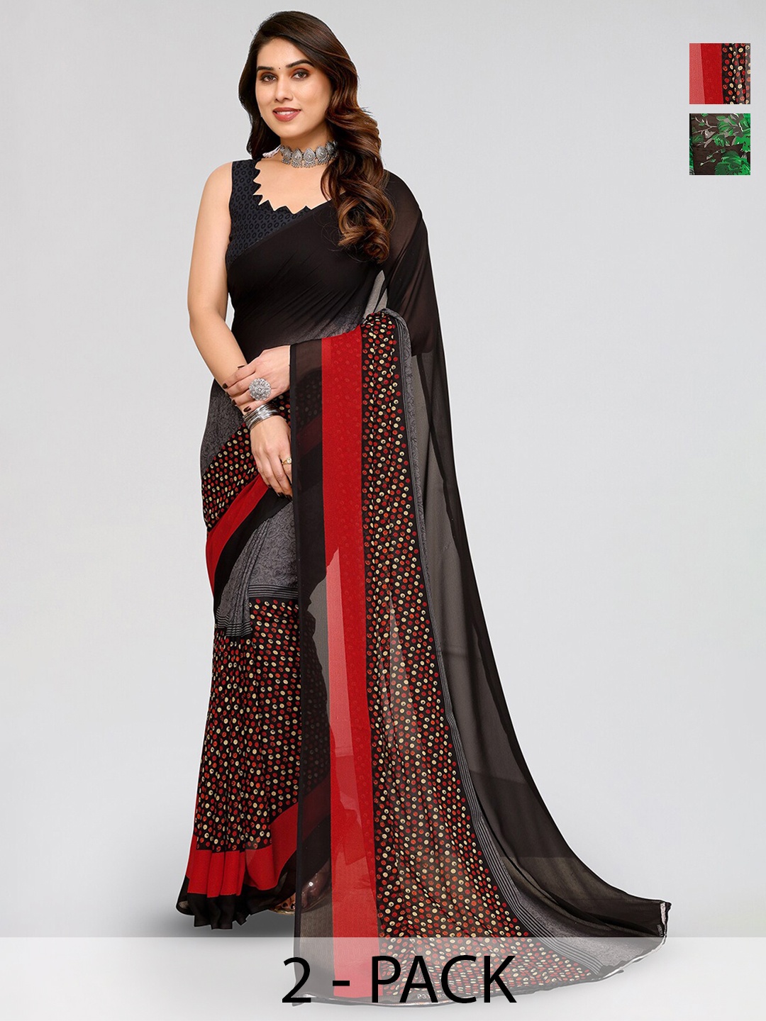 

ANAND SAREES Selection Of 2 Floral Printed Georgette Saree, Black