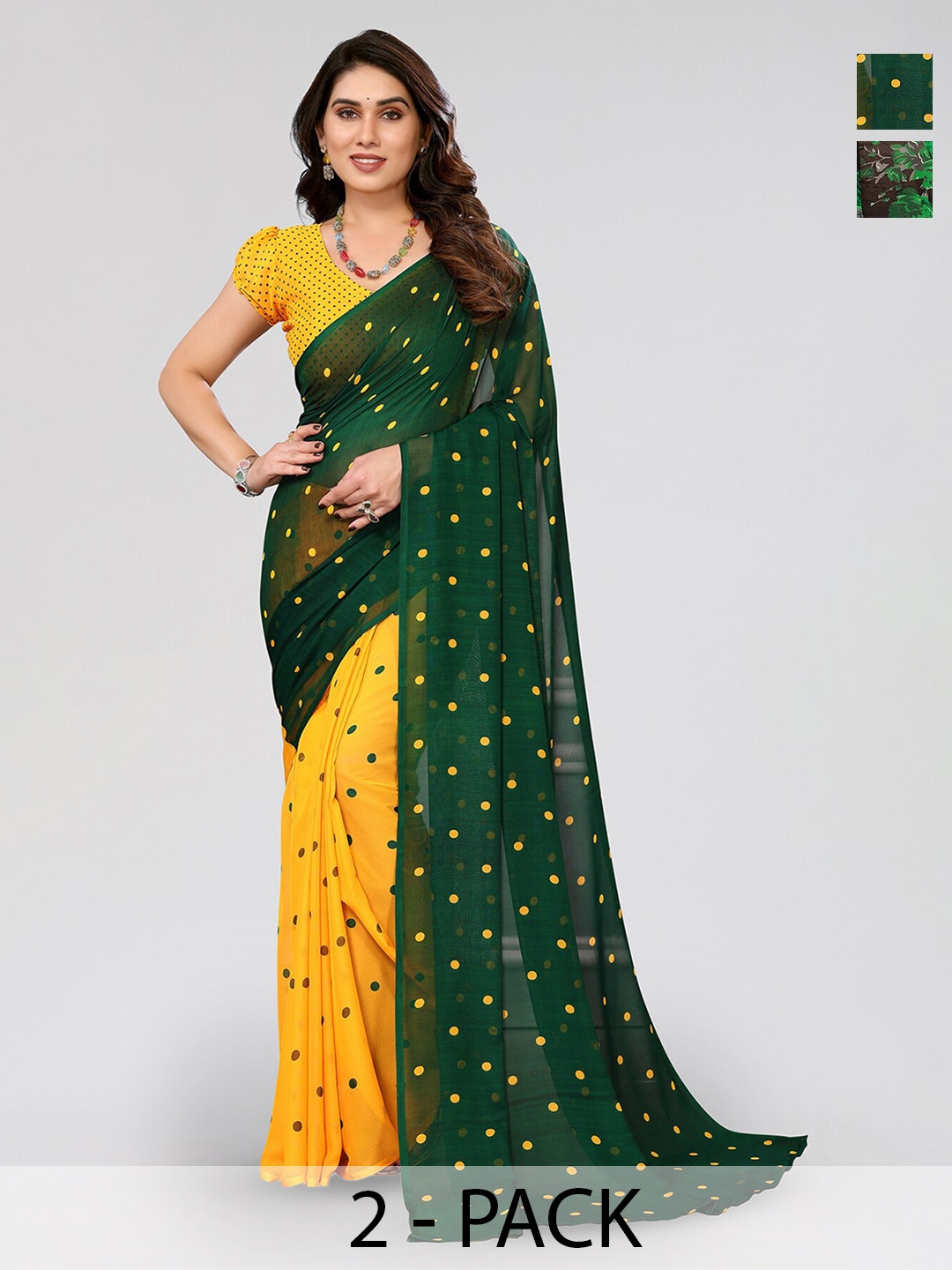 

ANAND SAREES Selection Of 2 Floral Printed Georgette Saree, Green