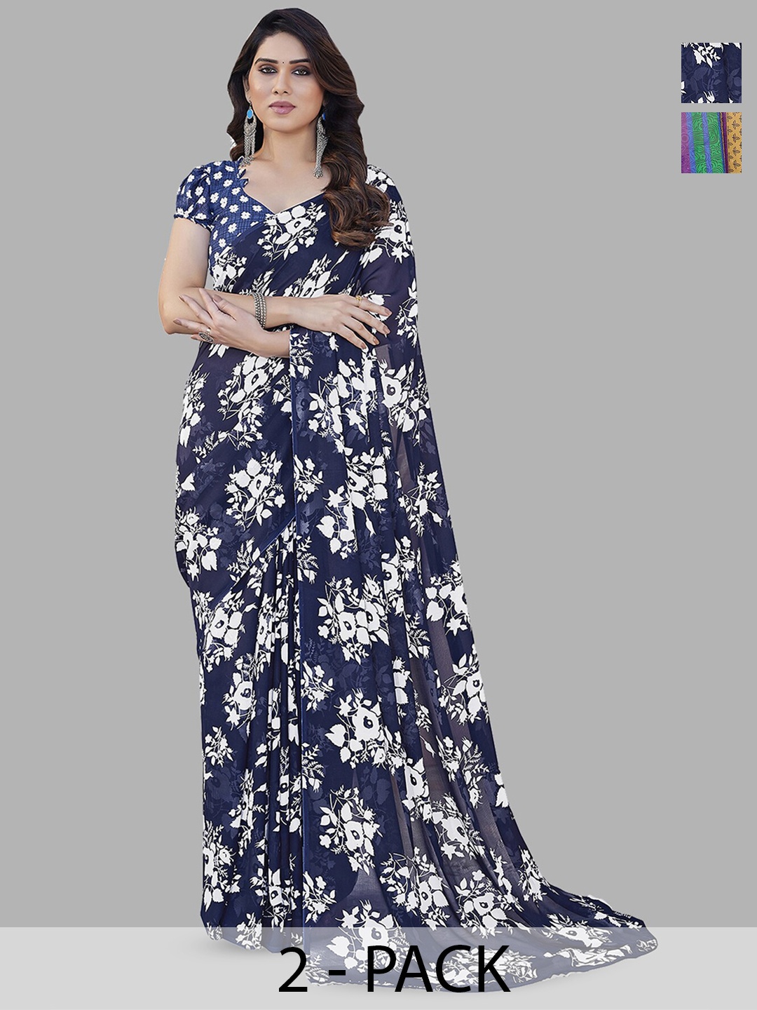 

ANAND SAREES Selection of 2 Floral Printed Sarees, Blue