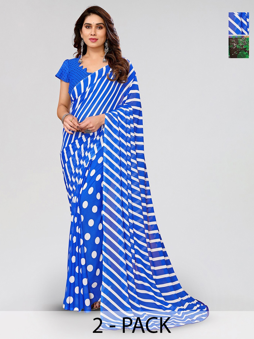 

ANAND SAREES Selection Of 2 Floral Printed Sarees, Blue