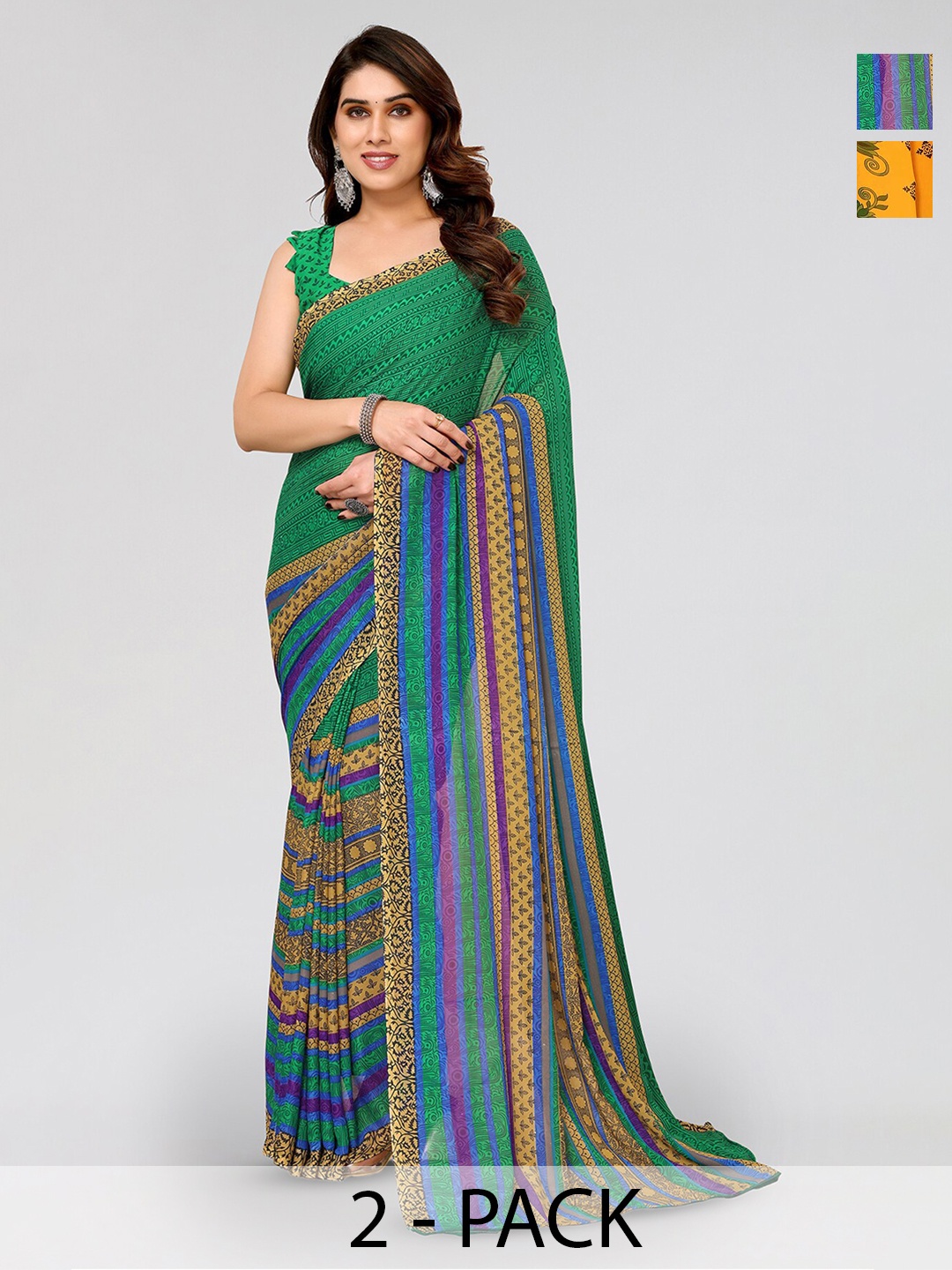 

ANAND SAREES Selection Of 2 Ethnic Motifs Printed Sarees, Yellow