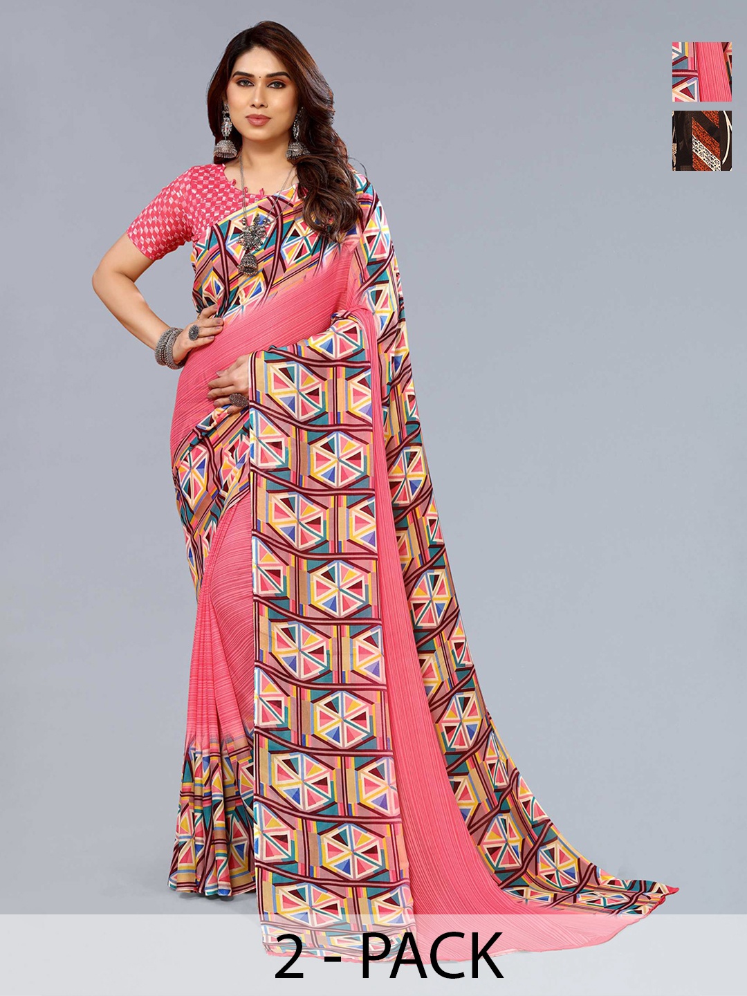 

ANAND SAREES Selection of 2 Geometric Printed Sarees, Cream