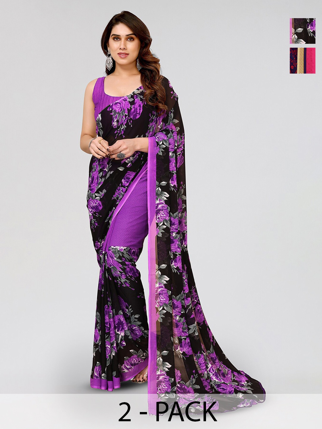 

ANAND SAREES Selection Of 2 Floral Printed Sarees, Purple