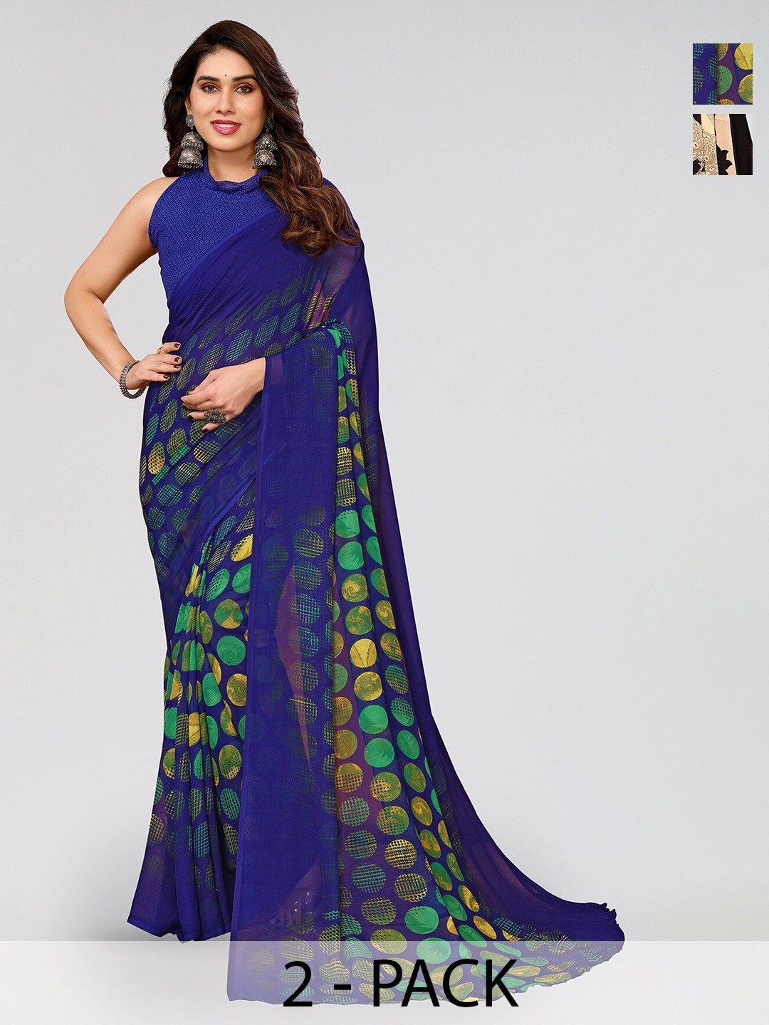 

ANAND SAREES Selection Of 2 Floral Printed Sarees, Blue