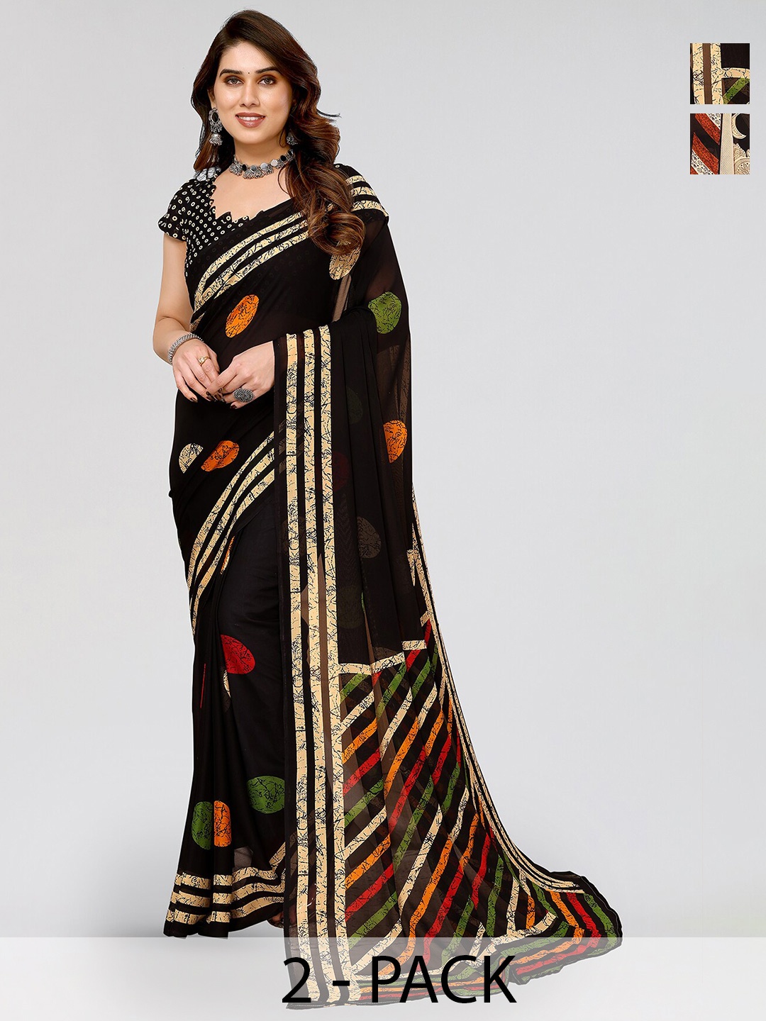 

ANAND SAREES Selection Of 2 Floral Printed Sarees, Black