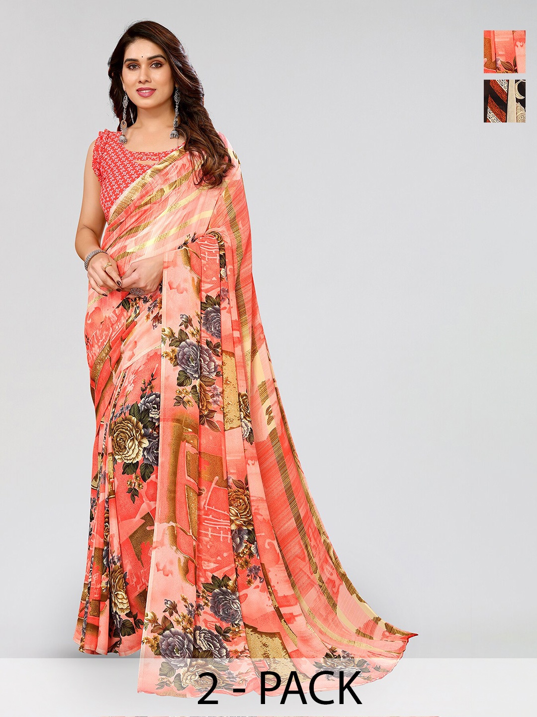 

ANAND SAREES Selection Of 2 Floral Printed Georgette Saree, Black