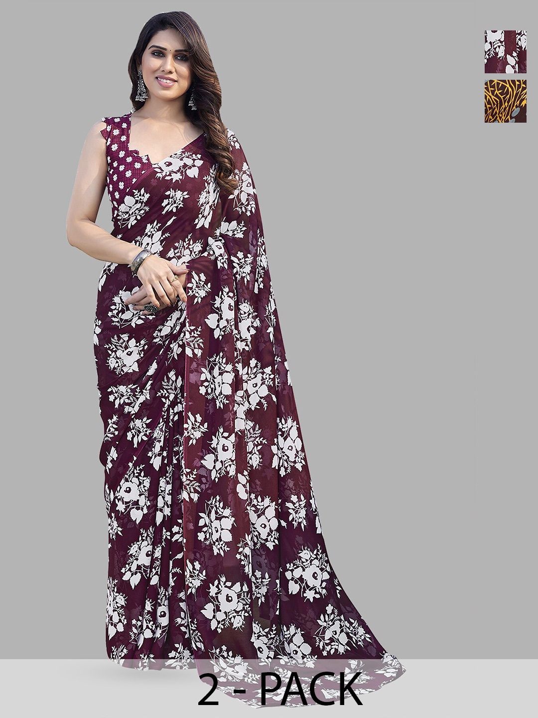 

ANAND SAREES Selection Of 2 Floral Printed Georgette Saree, Maroon