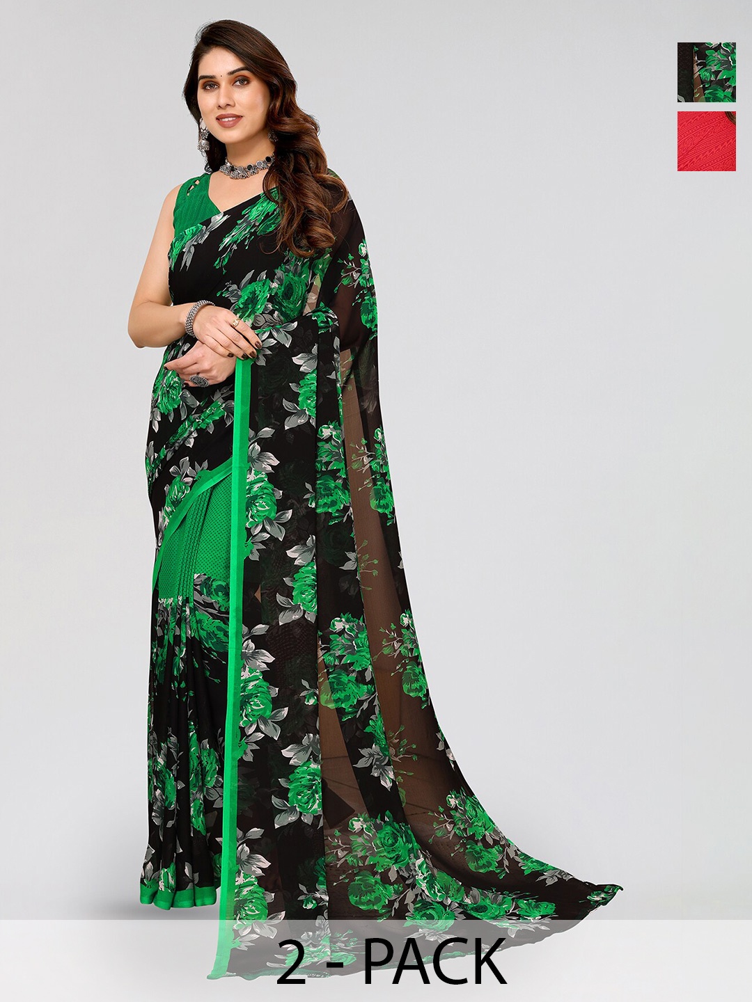 

ANAND SAREES Selection Of 2 Floral Printed Saree, Black