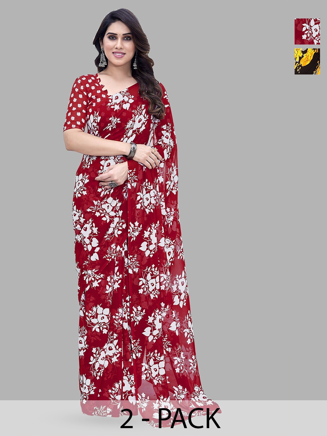 

ANAND SAREES Selection Of 2 Floral Printed Saree, Red