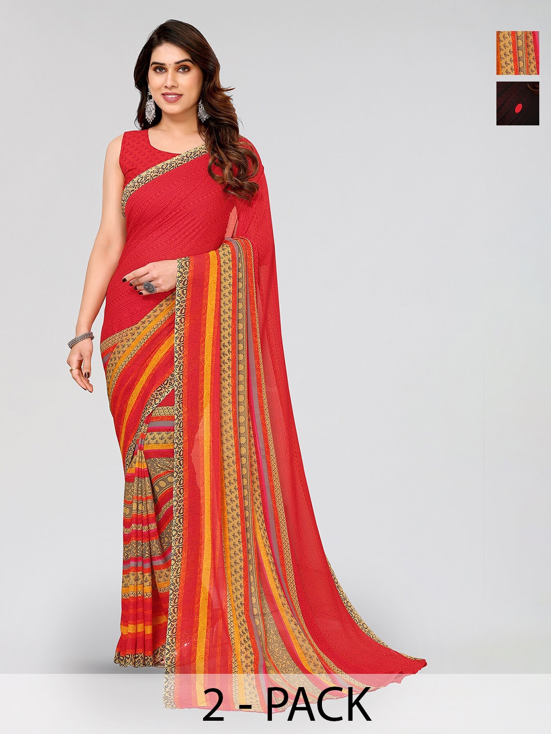 

ANAND SAREES Selection of 2 Polka Dots Printed Sarees, Red