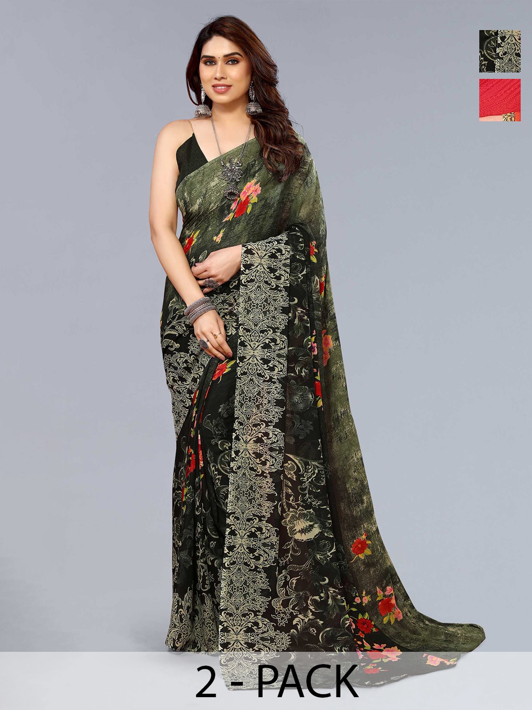 

ANAND SAREES Selection Of 2 Floral Printed Saree, Red
