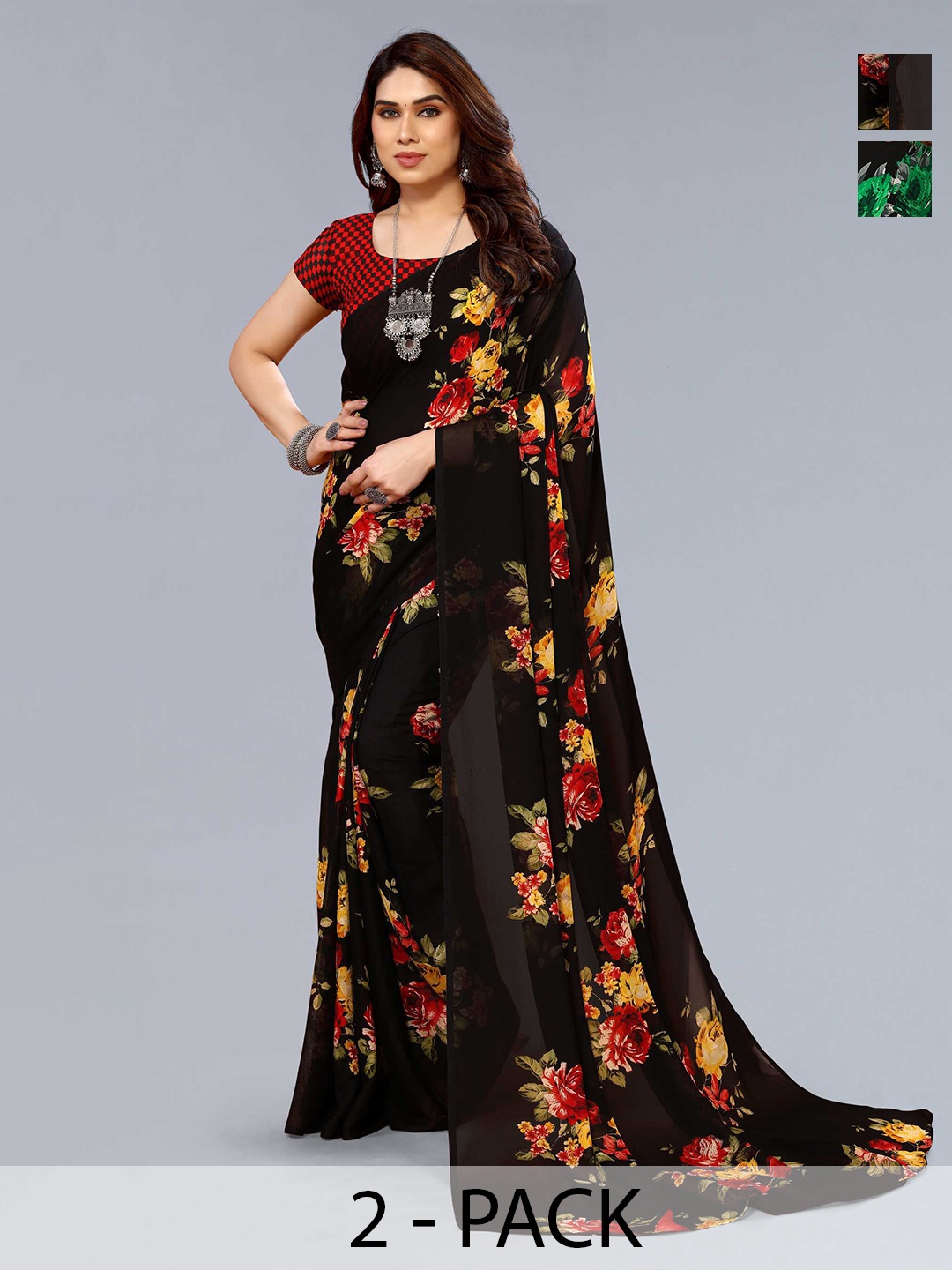 

ANAND SAREES Selection Of 2 Floral Printed Saree, Black