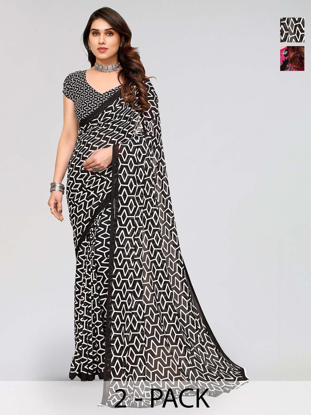 

ANAND SAREES Selection Of 2 Floral Printed Saree, Pink