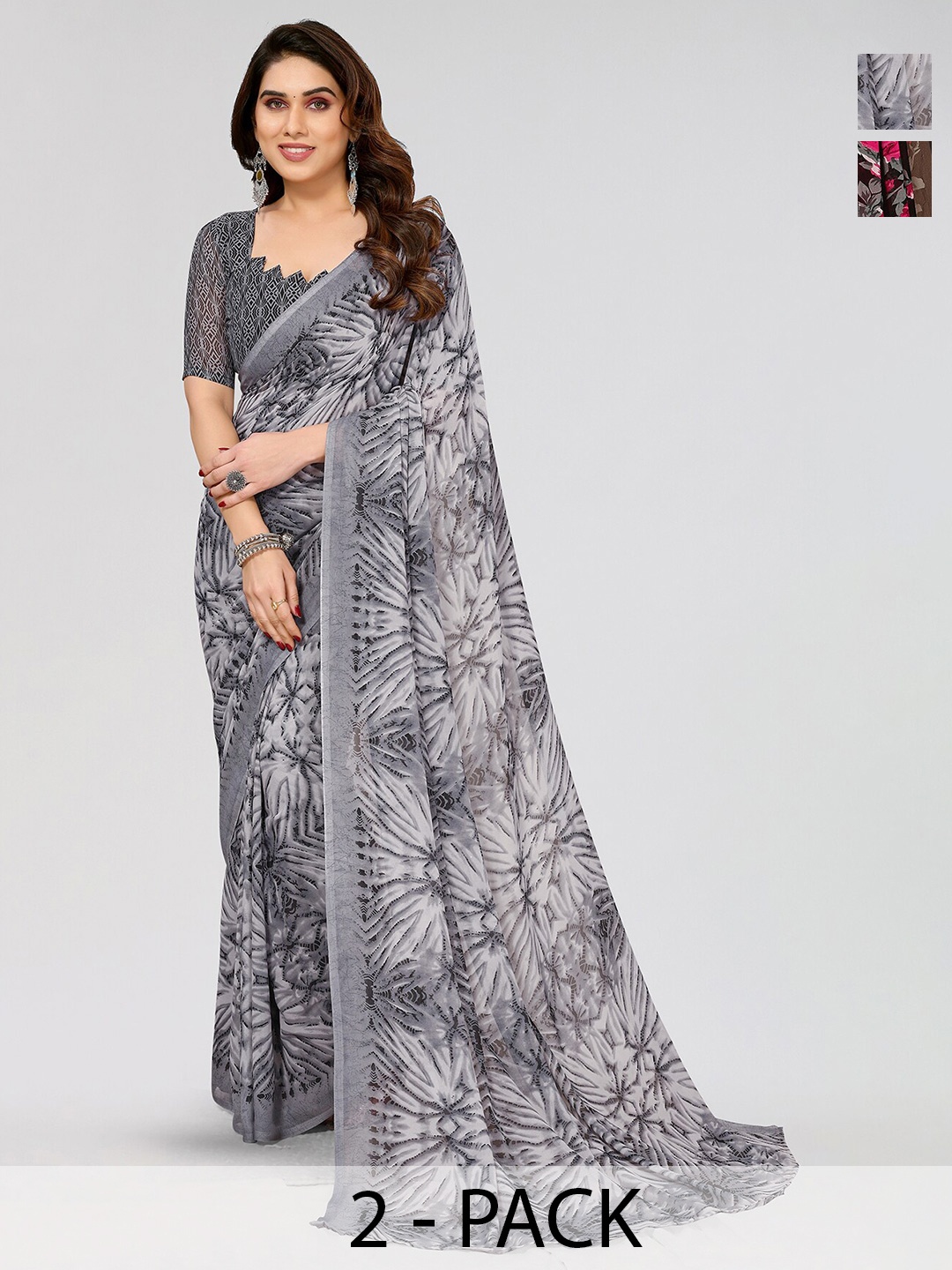 

ANAND SAREES Selection Of 2 Floral Printed Sarees, Black